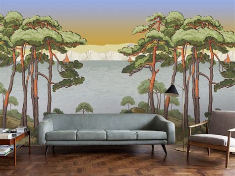 Oil Painting Pine Trees Scenic Wallpaper Wall Mural Pine Etsy