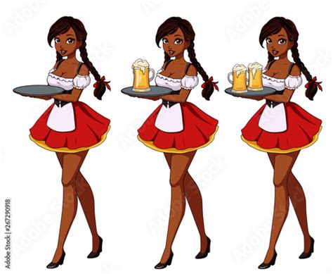 cartoon vector illustration with sexy brunette waitress wearing red traditional dress stock