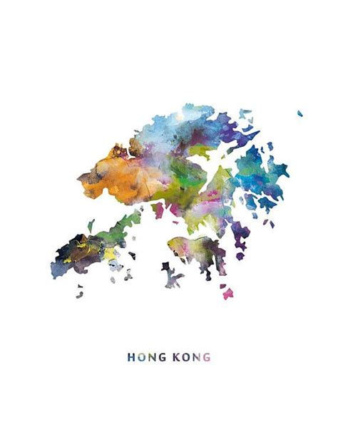 A Watercolor Map Of Hong With The Words Hong Kong In Red Yellow And Blue