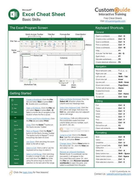 Excel Cheat Sheet 2021 Free Pdf Customguide Ebooks Amazon Free