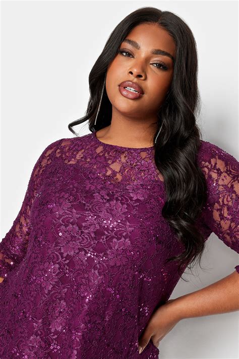 Yours Plus Size Purple Lace Sequin Embellished Swing Top Yours Clothing