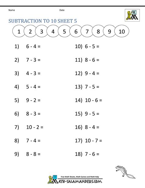 Subtraction To 10 Worksheets