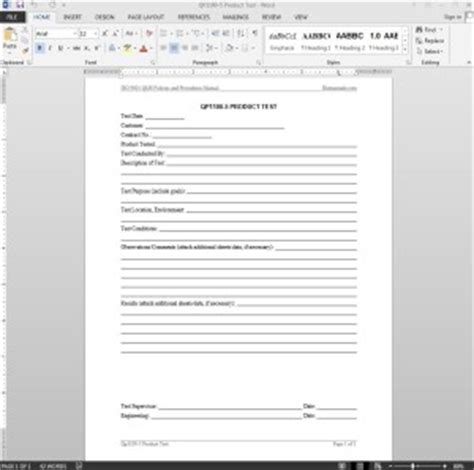 Some service providers may call this a 'certificate'. Product Test Record ISO Template