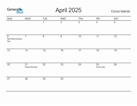 Printable April 2025 Monthly Calendar With Holidays For Cocos Islands