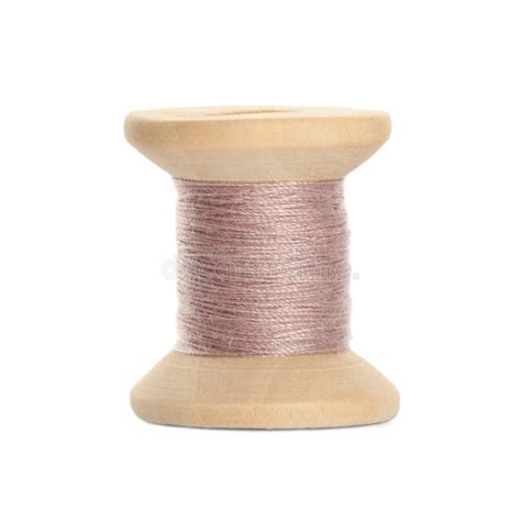 Wooden Spool Of Pink Sewing Thread Isolated On White Stock Image
