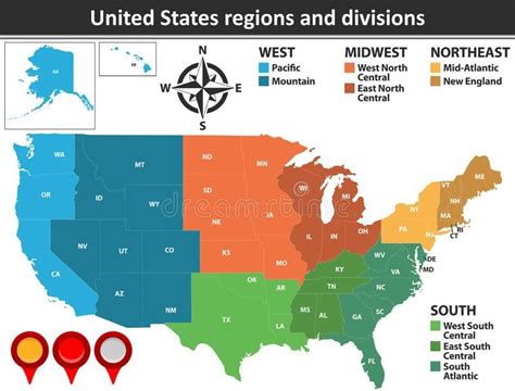 ilustración acerca vector el mapa de estados unidos con regiones y divisiones nombradas