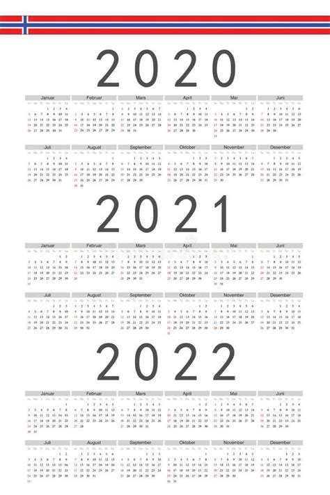 Set Of Rectangle Norwegian 2020 2021 2022 Year Vector Calendars Stock