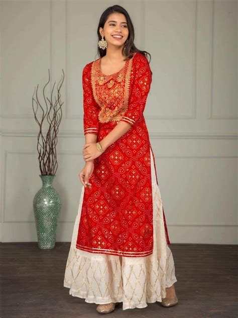 Red Bandhej Print Latest Designs Kurti Sharara Suits Online In 2021 Bollywood Dress Red Kurta