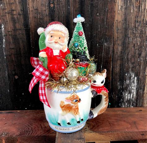 Vintage Drink Milk Mug Christmas Centerpiece Decoration Santa Bambi