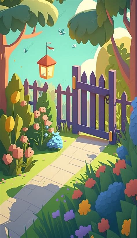 Beautiful Garden Cartoon Background In Trees Birds Fences Flowers Grass