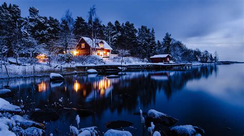 Night Cabin Sweden Snow Winter Landscape Space Wallpapers Hd