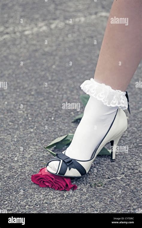 Foot Of A Woman Is Stepping On A Red Rose Stock Photo Alamy