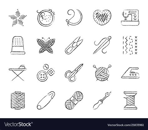 Needlework Charcoal Draw Line Icons Set Royalty Free Vector