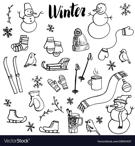 Winter Doodle Set Vector Isolated Hand Drawn Elements Download A Free
