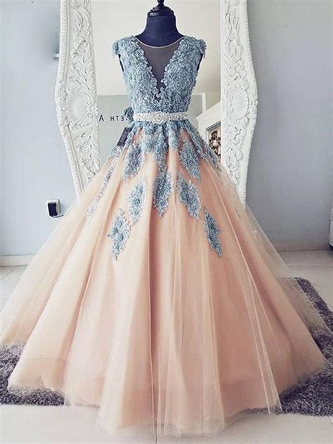 Cap Sleeves Round Neck Blue Lace Pink Tulle Long Ball Gown