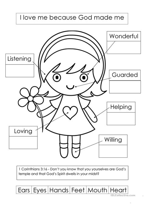 I love to share coloring pages with you that i have made. God made me worksheet - Free ESL printable worksheets made ...