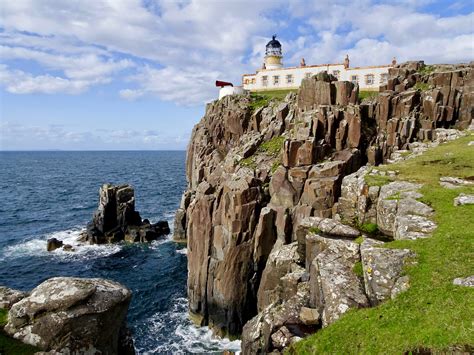 The lighthouse stands 141 feet (43 meters) above sea level and is part of a compound that includes several cottages. Neist Point Lighthouse, Duirinish Peninsula, Isle of Skye ...