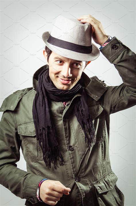 Trendy Man Wearing Hat And Scarf High Quality Beauty And Fashion Stock