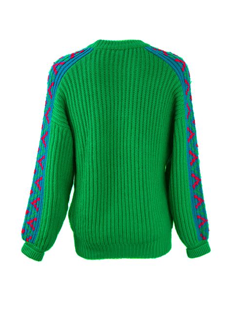 Chunky Green Wool Jumper with Blue Patterned Sleeves - L/XL - Reign Vintage