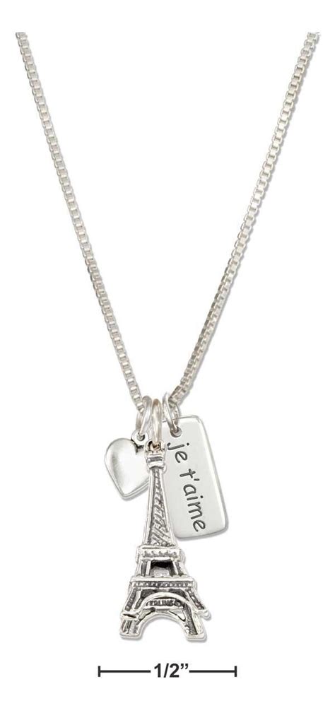 sterling silver 18 i love paris necklace with eiffel tower heart and je t aime tag sterling