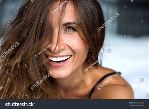 Close Up Morning Portrait Of Smiling Pretty Woman With Green Eyes