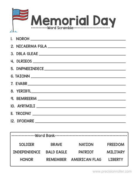 Memorial Day Themed Word Scramble Precision Printables