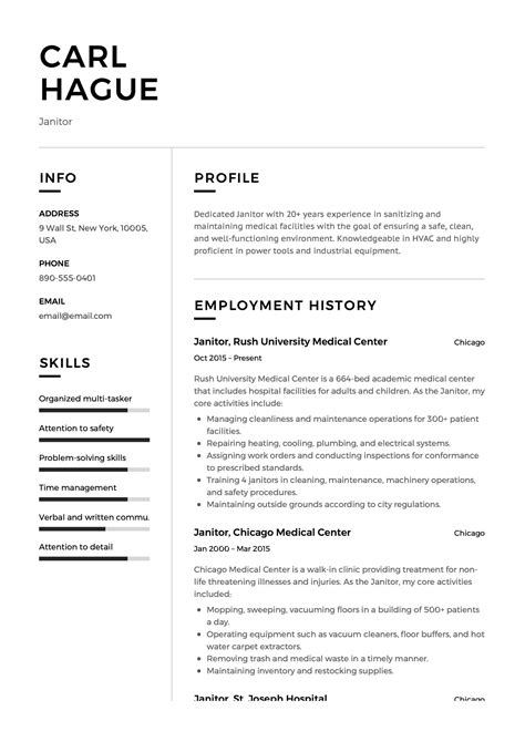 This is an example of criminal justice resume with objective, responsibilities and experience that will guide you to write an optimized resume for your job . Janitor Resume Sample | louiesportsmouth.com