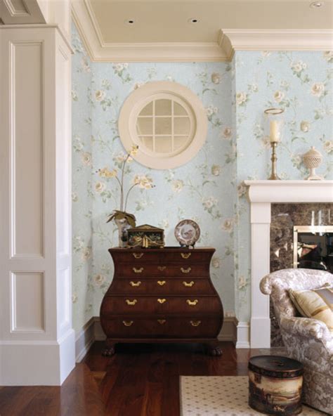 Blue Floral Wallpaper Traditional Living Room Boston