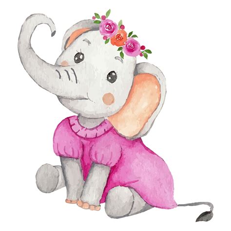 Cute Elephant With A Flower Cartoon Hand Drawn Clip Art Element