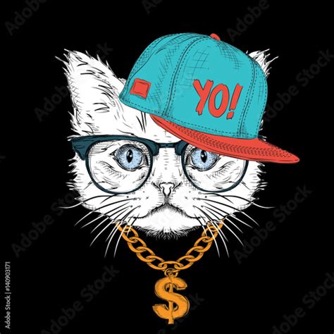 The Poster With The Image Cat Portrait In Hip Hop Hat Vector