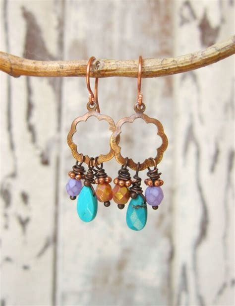 Multi Color Chandelier Earrings Copper Circle Wire Wrapped