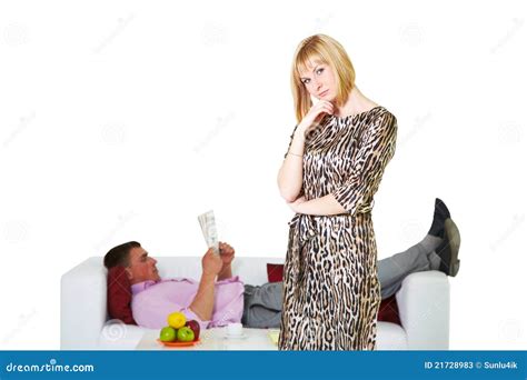 Young Couple Housewife And Lazy Husband On Sofa Stock Image Image Of Aziness Lazy 21728983