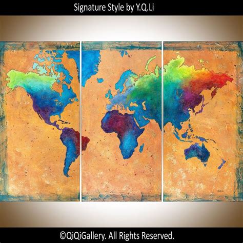Abstract Painting World Map By Qiqigallery 54x36 Original Modern
