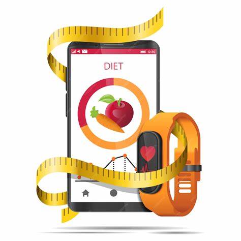 Концепция диеты приложение с ленты мера, смартфон и фитнес-часы Картинка - Концепция диеты приложение с ленты мера, смартфон и фитнес-часы