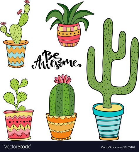 Succulent And Cactus Set Cartoon Plants In Pots Vector Image