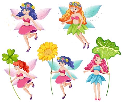 Free Vector Set Of Cute Fairies Holding A Flower Cartoon Character On