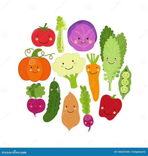 Cute Eat Veggies Background With Smiling Cartoon Characters Of