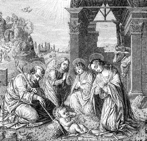 An Engraved Vintage Illustration Image Of The Nativity Of Jesus Christ