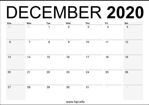 December 2020 Calendar Printable Monthly Free Download