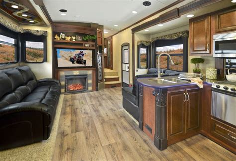 Spacious, luxurious & loaded with features. EverGreen Tesla T3970 toy hauler fifth wheel interior ...