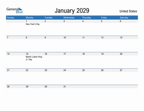 January 2029 Monthly Calendar With United States Holidays