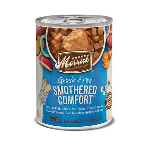 Whether wet or dry, our cat and dog food formulas contain high levels of omega 3 & 6 fatty acids for healthy skin and coat. Merrick Grain Free Smothered Comfort Dog Food, Wet