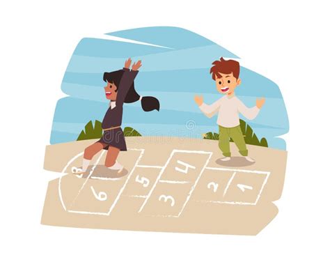 Active Kids Having Fun Playing Hopscotch Outdoors Vector Illustration