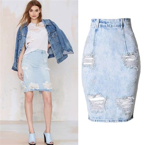 Fashion Casual Distressed Plus Size Denim Skirt Sexy Ripped High Waist