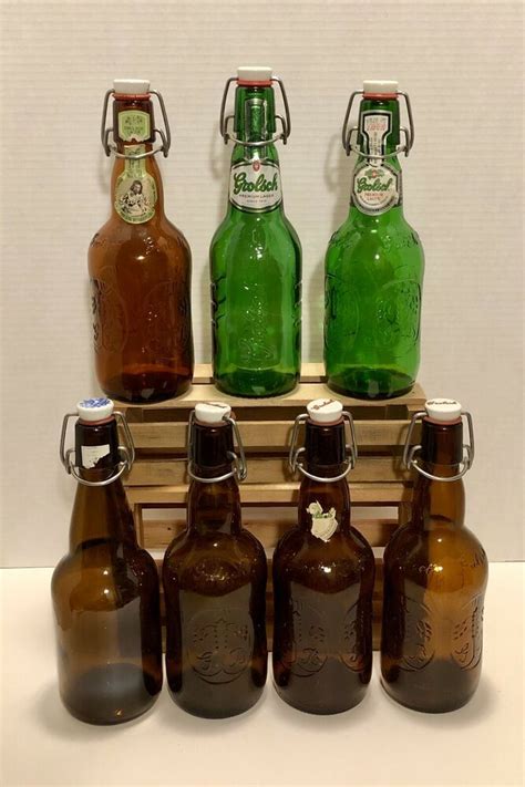 7 Grolsch Beer Bottle Swing Top Glass Reusable Home Brew Green Amber