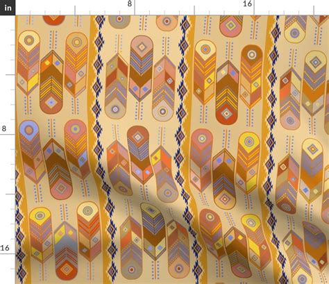 Southwest Feathers Amber Navy Border Fabric Spoonflower