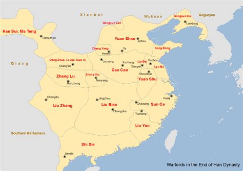 China Map Showing The Major Warlords Of The Han Dynasty In The 190s Ad