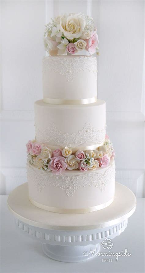 3 Tier Wedding Cake With Edible Lace Sugar Rose Bouquet