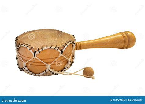 Damaru Drum Percussion Instrument With A Handle On A White Background