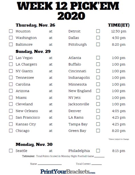 Simply enter your selections each week. Printable NFL Week 12 Schedule Pick em Pool 2020